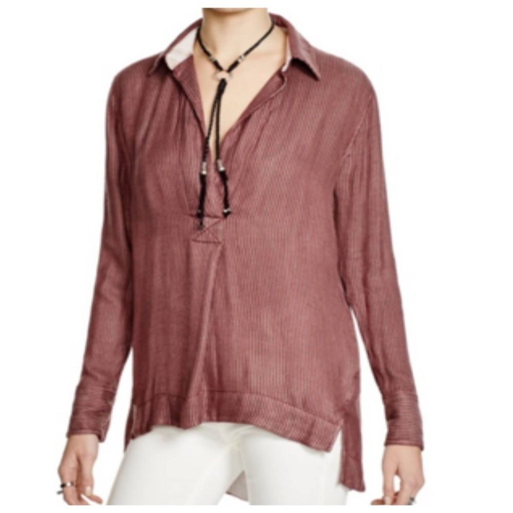 FREE PEOPLE On The Road Striped Oxford Tee Tunic Cranberry V-neck blouse 8783